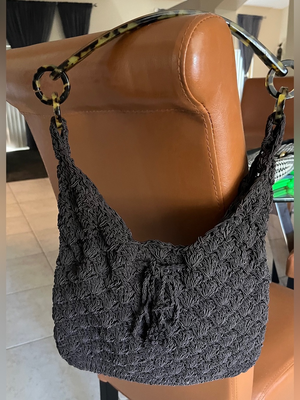 Tortoiseshell Resin bag handle  on a super chic BOHO bag . Chocolate pristine